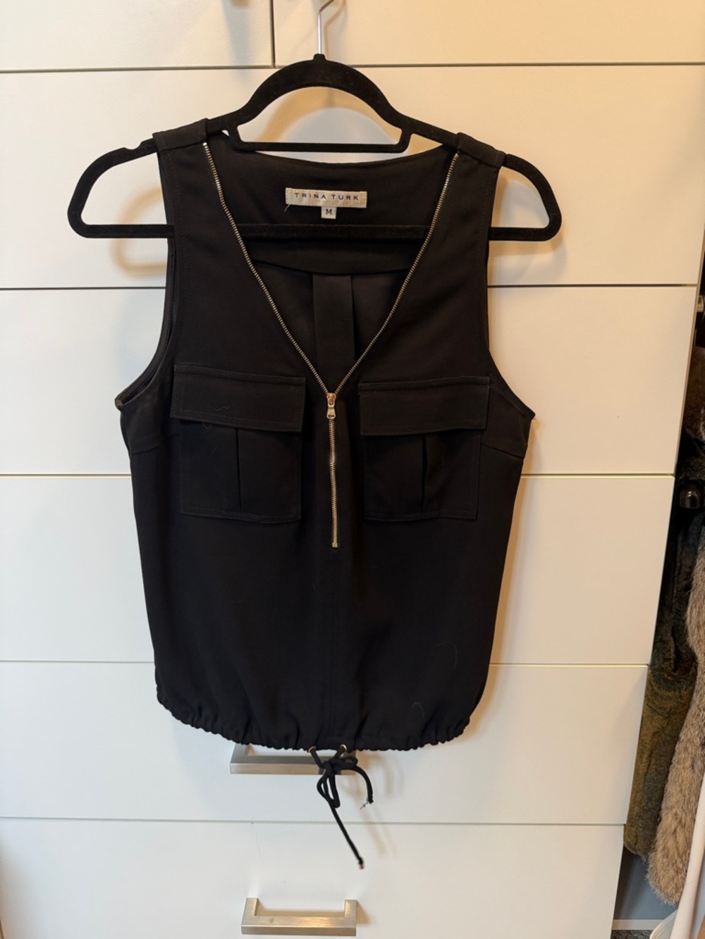 Trina Turk Black Zip-Front Utility Tank with Chest Pockets
